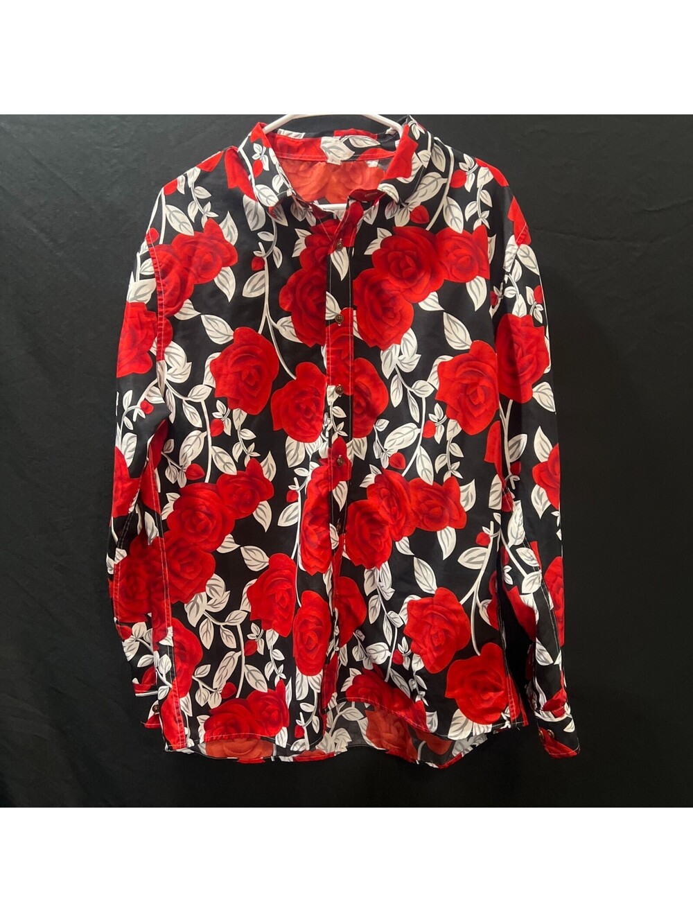 Black Red Rose Floral Long Sleeve Button Up Shirt Gothic Adult